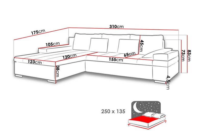 ARETHA Bäddsoffa m. Divan 3-sits L-formad - Rosa - Bäddsoffor - Bäddsoffa divan