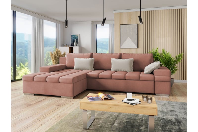 ARETHA Bäddsoffa m. Divan 3-sits L-formad - Rosa - Möbler - Vardagsrum - Bäddsoffor