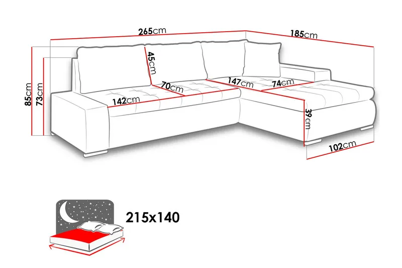 Cerys Divanbäddsoffa 265x185x85 cm Universal - Grå - Möbler - Vardagsrum - Bäddsoffor - Bäddsoffa divan