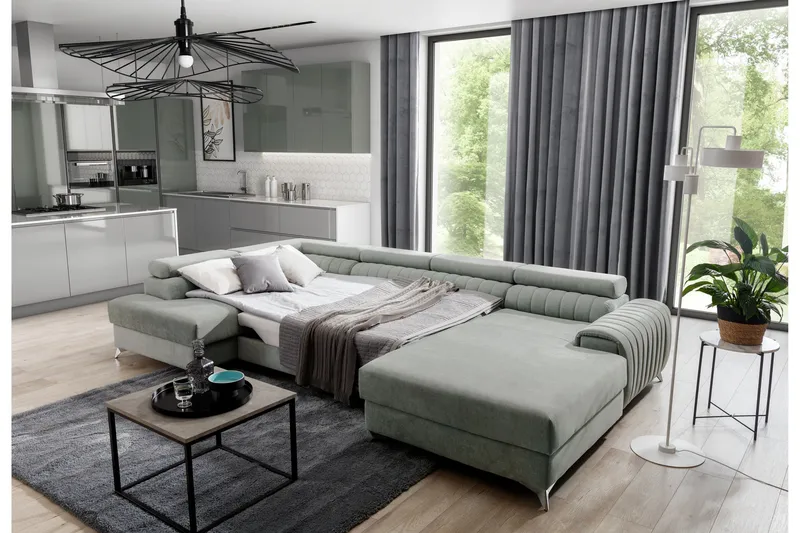 Kamran Bäddsoffa m. Divan och Schäslong med Förvaring - Grön - Möbler - Vardagsrum - Bäddsoffor - U bäddsoffa