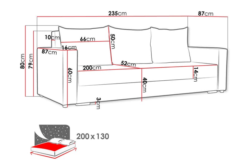 Banaso 3-sits Längsbäddad Bäddsoffa 130x200 cm med Förvaring i Sammet - Röd|Svart - Möbler - Vardagsrum - Bäddsoffor