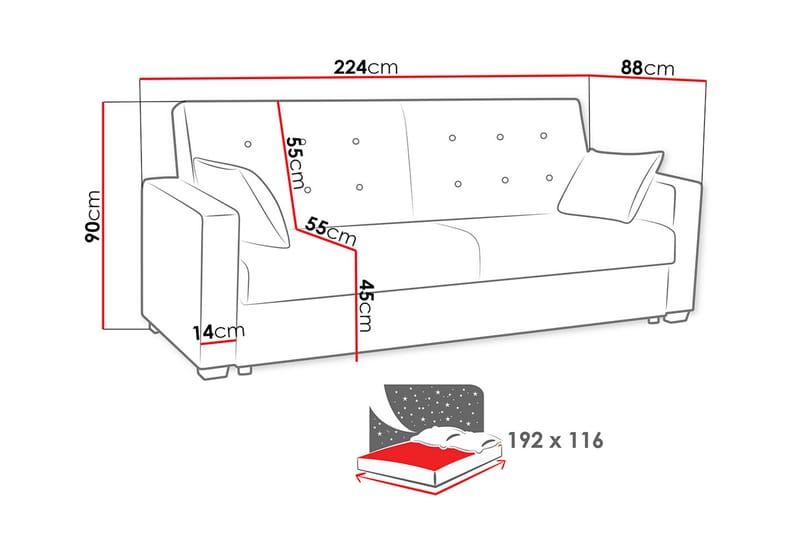 BARTEK Bäddsoffa 224x88x90 cm - Blå - Bäddsoffor - 3-sits bäddsoffa