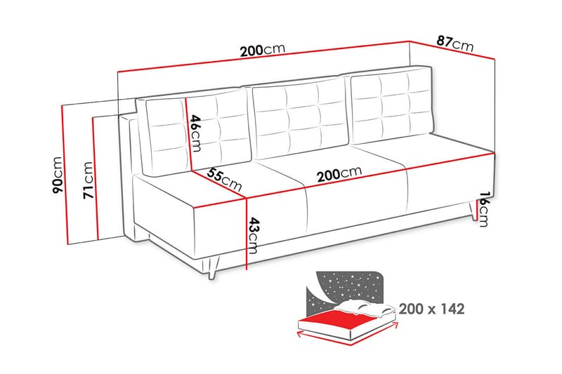 Bella Längsbäddad Bäddsoffa 142x200 cm med Förvaring i Tyg - Grå - Möbler - Vardagsrum - Bäddsoffor - 4-sits bäddsoffa