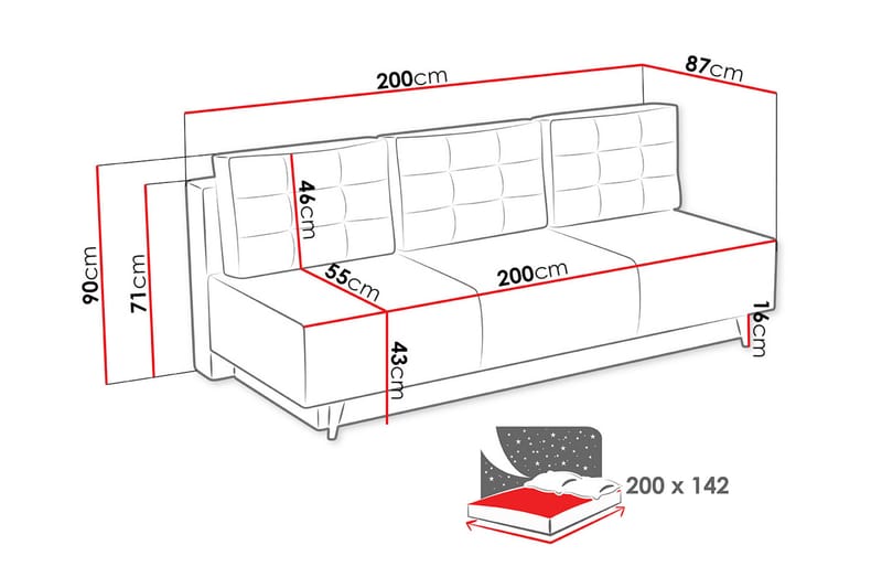 BLACKLER Bäddsoffa 200x87x90 cm - Grå - Möbler - Vardagsrum - Bäddsoffor - 4-sits bäddsoffa
