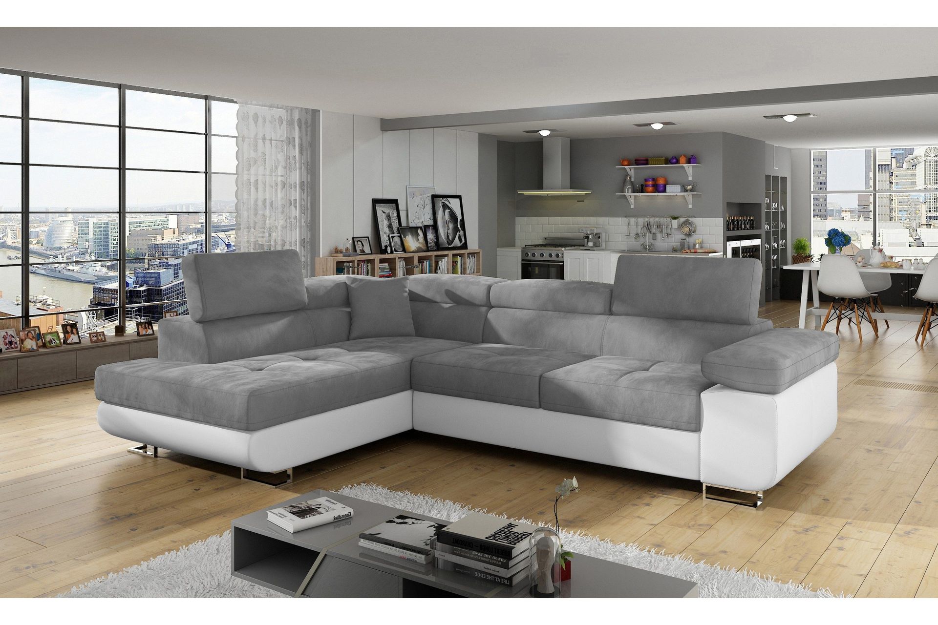 bobis bäddsoffa med schäslong vänster - grå/vit