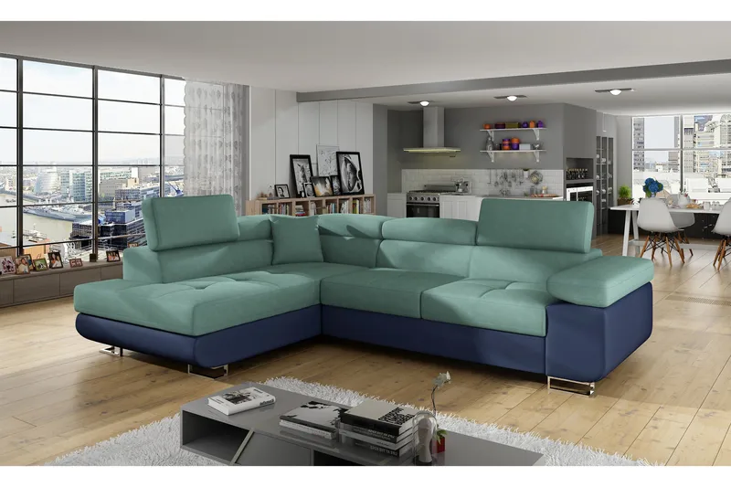 Bobis Bäddsoffa med Schäslong Vänster, Grön/Blå