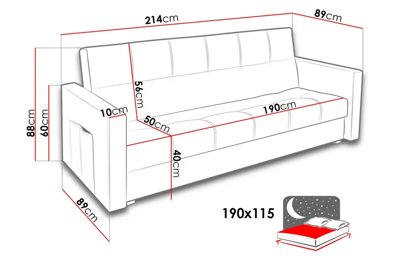 Bona Bäddsoffa 214x89x88 cm - Svart - Möbler - Vardagsrum - Bäddsoffor