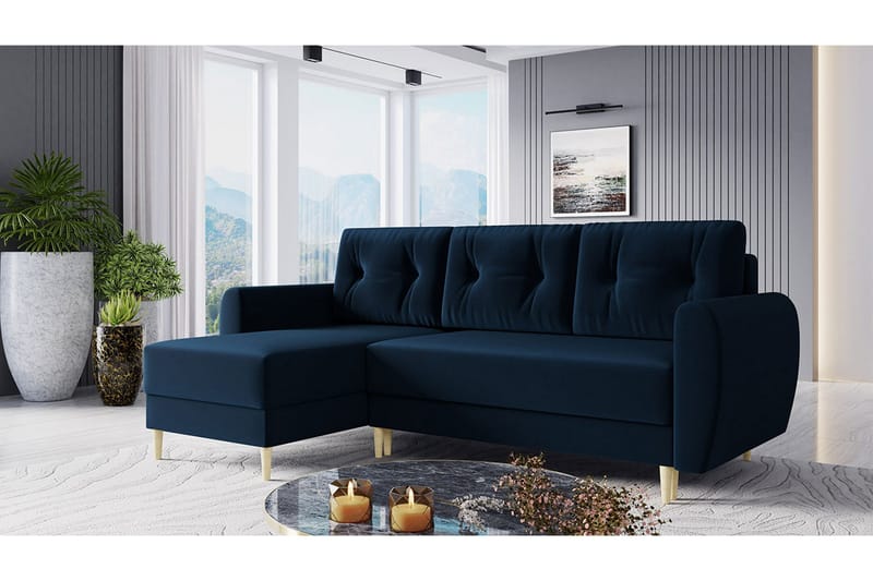 Bornalle 3-sits L-formad Bäddsoffa 130x200 cm med Förvaring i Sammet - Blå - Möbler - Vardagsrum - Bäddsoffor