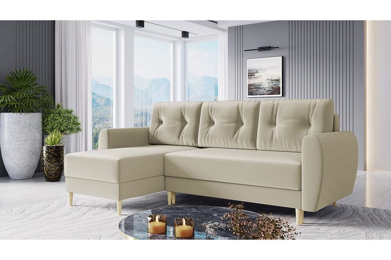 Bornalle 3-sits L-formad Bäddsoffa 130x200 cm med Förvaring i Sammet - Vit - Möbler - Vardagsrum - Bäddsoffor