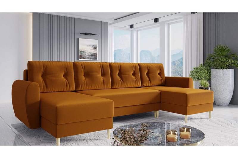 Bornalle 3-sits U-formad Bäddsoffa med Förvaring i Plysch - Gul - Möbler - Vardagsrum - Bäddsoffor - U bäddsoffa