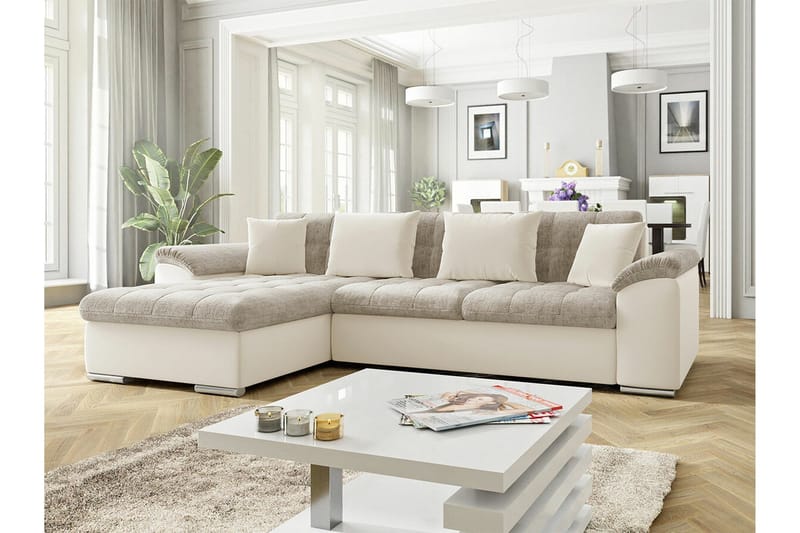 Camior 3-sits Vänster Bäddsoffa i Chenille med Konstläderunderrede - Ljusbeige - Möbler - Vardagsrum - Bäddsoffor
