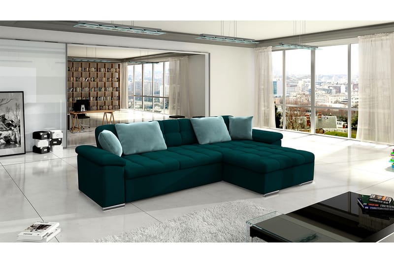 Camior 4-sits Högervänd Hörnbäddsoffa 129x227 cm med Förvaring i Sammet - Grön - Möbler - Vardagsrum - Bäddsoffor