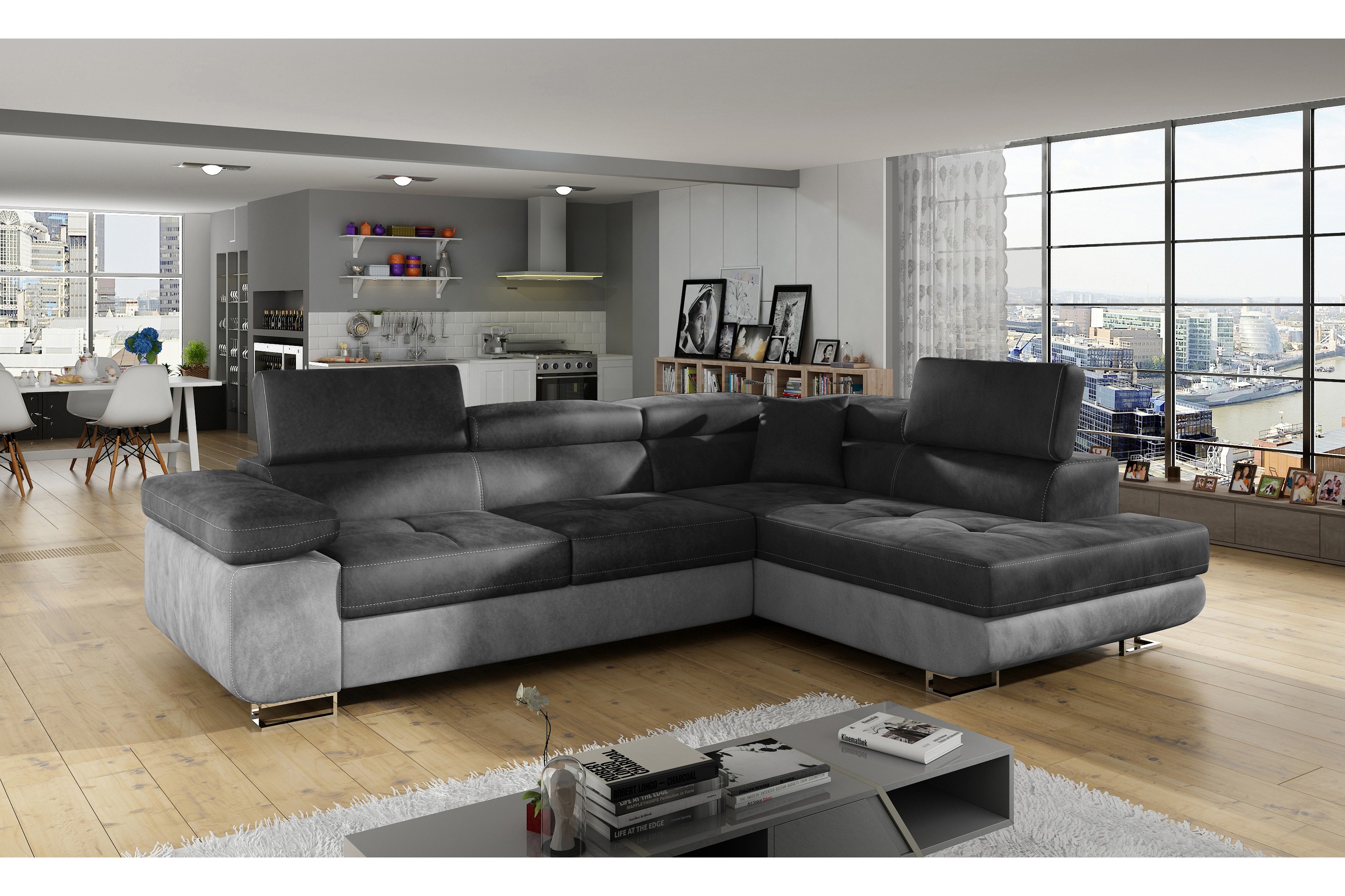 carmana bäddsoffa med schäslong höger grå -