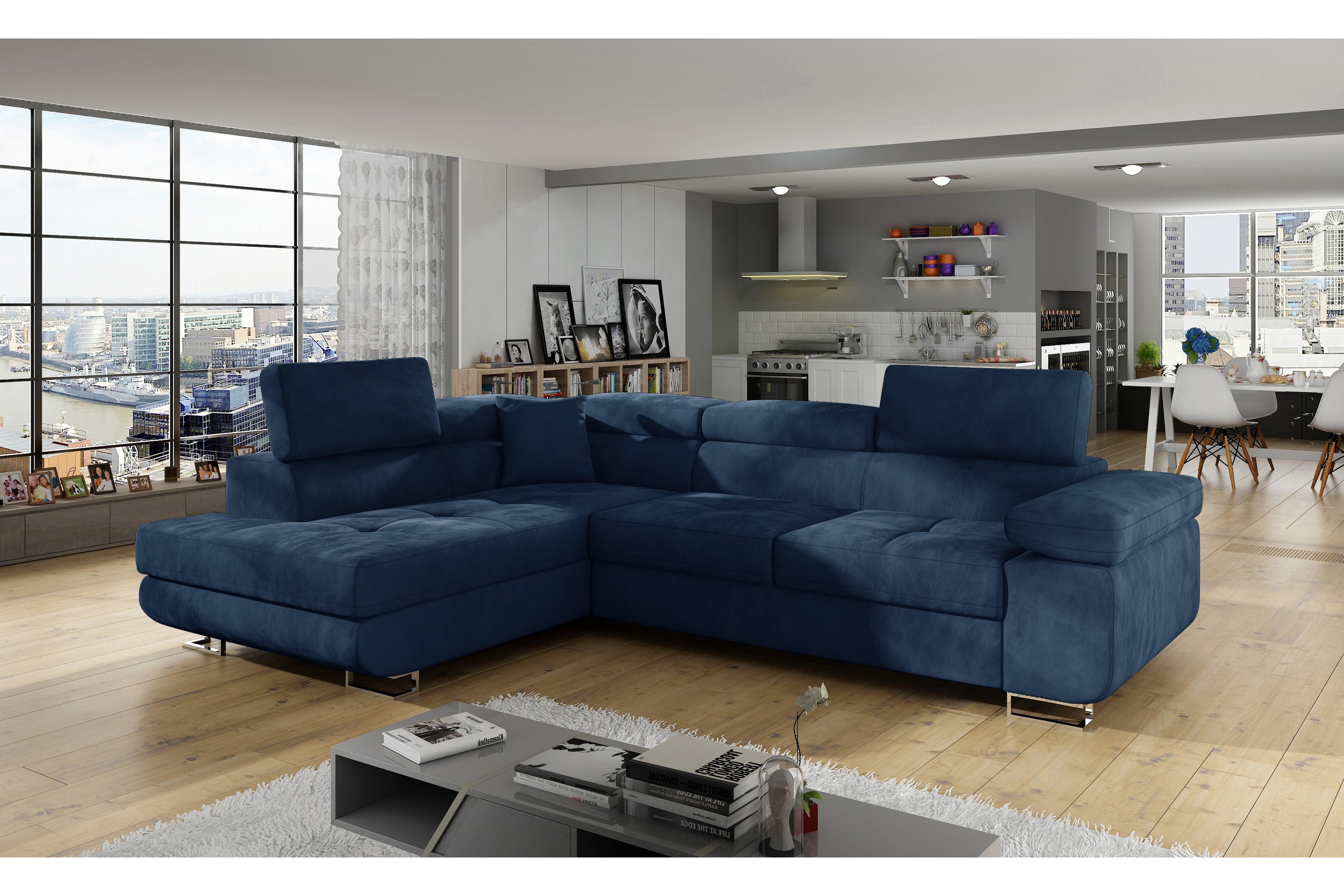 carmana bäddsoffa med schäslong vänster blå -