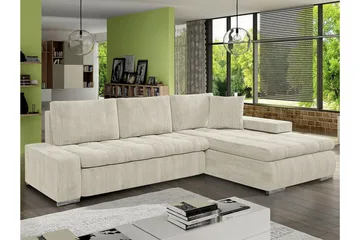 Cerys 3-sits Höger L-formad Hörnbäddsoffa 140x215 cm i Manchestertyg - Gräddvit - Möbler - Vardagsrum - Bäddsoffor