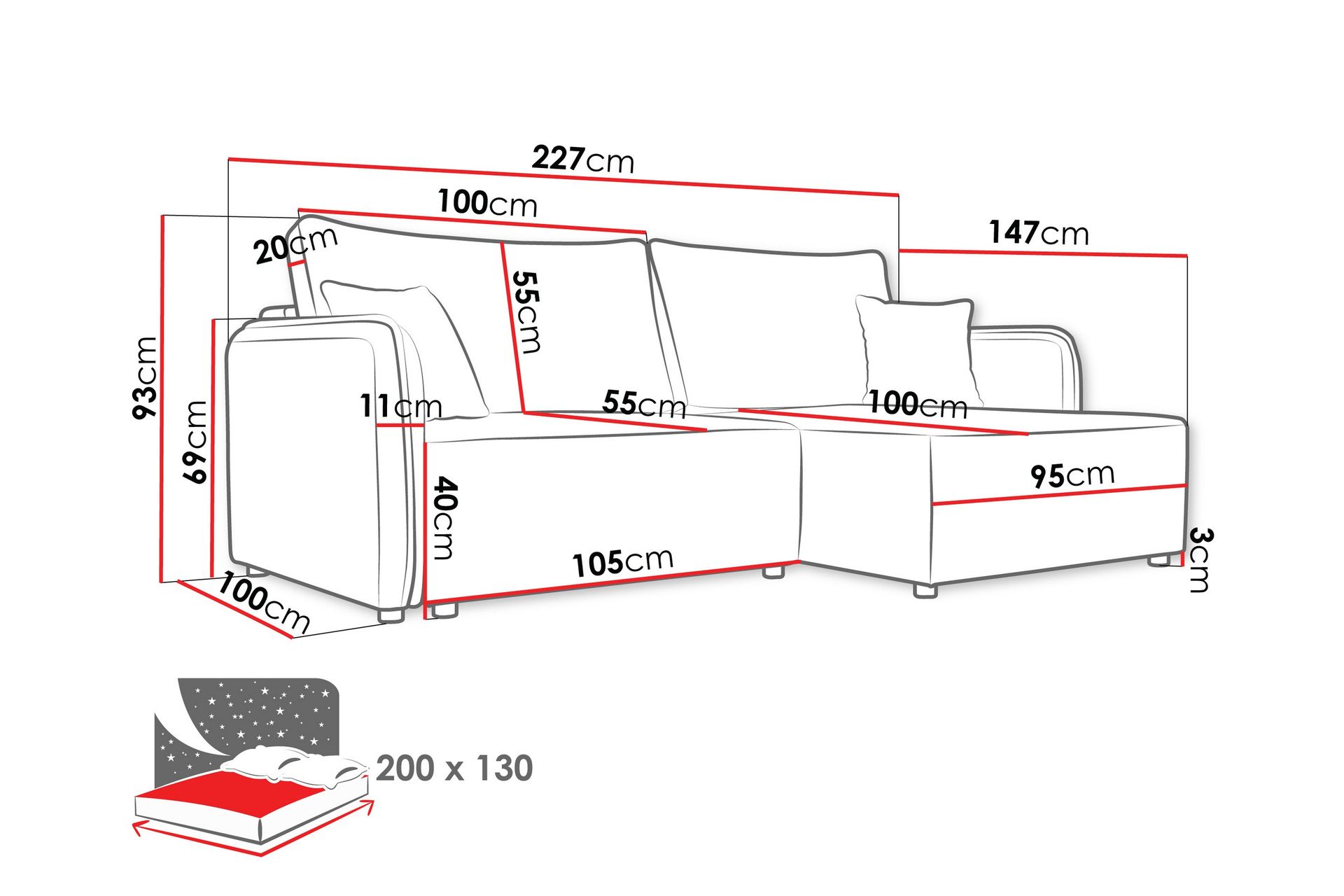 Chandru Bäddsoffa med Divan 3-sits - Svart - Möbler - Vardagsrum - Bäddsoffor