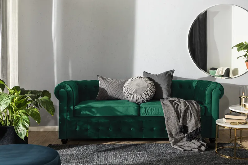 Chesterfield Lyx 3-sits Framåtbäddad bäddsoffa i sammet - Grön - Möbler - Vardagsrum - Bäddsoffor