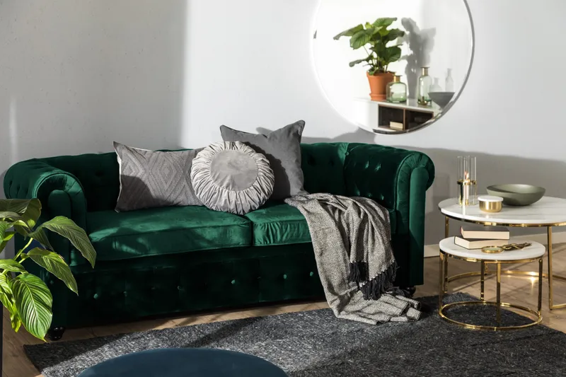 Chesterfield Lyx 3-sits Framåtbäddad bäddsoffa i sammet - Mörkgrön / Grön - Möbler - Vardagsrum - Bäddsoffor