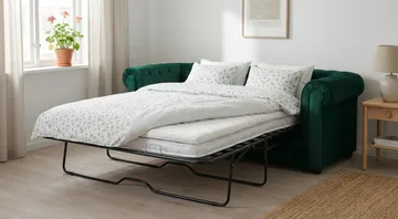 Chesterfield Lyx 3-sits Framåtbäddad Bäddsoffa med HVILA Bäddmadrass 140x200 cm Latex med Tvättbar klädsel - Grön - Möbler - Vardagsrum - Bäddsoffor