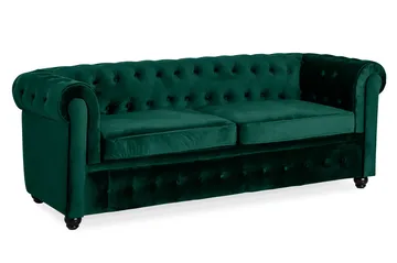 Chesterfield Lyx 3-sits Framåtbäddad Bäddsoffa med HVILA Bäddmadrass 140x200 cm Latex med Tvättbar klädsel - Grön - Möbler - Vardagsrum - Bäddsoffor