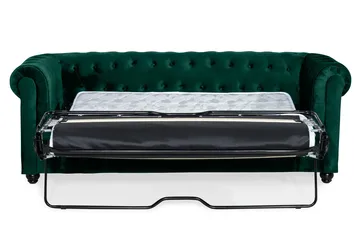 Chesterfield Lyx 3-sits Framåtbäddad Bäddsoffa med HVILA Bäddmadrass 140x200 cm Latex med Tvättbar klädsel - Grön - Möbler - Vardagsrum - Bäddsoffor