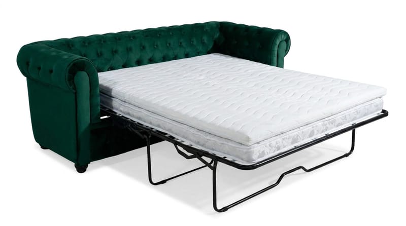 Chesterfield Lyx 3-sits Framåtbäddad Bäddsoffa med HVILA Bäddmadrass 140x200 cm Latex med Tvättbar klädsel - Grön - Möbler - Vardagsrum - Bäddsoffor