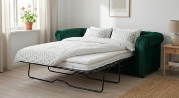 Chesterfield Lyx 3-sits Framåtbäddad Bäddsoffa med HVILA Bäddmadrass 140x200 cm Polyesterskum med Tvättbar klädsel - Grön - Möbler - Vardagsrum - Bäddsoffor