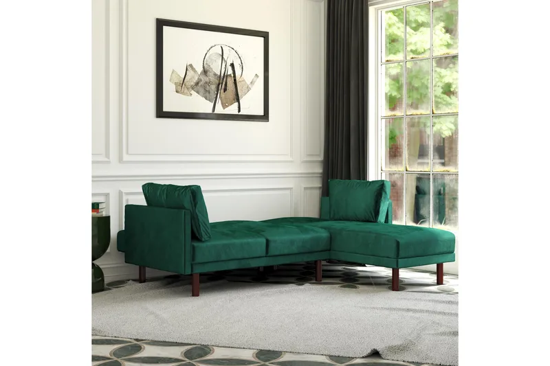 Clair 3-sits Bäddsoffa med Schäslong Ställbar Sammet/Grön/Tr - Dorel Home - Möbler - Vardagsrum - Bäddsoffor