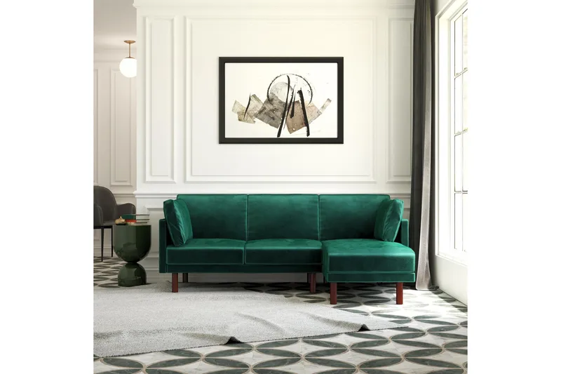 Clair 3-sits Bäddsoffa med Schäslong Ställbar Sammet/Grön/Tr - Dorel Home - Möbler - Vardagsrum - Bäddsoffor