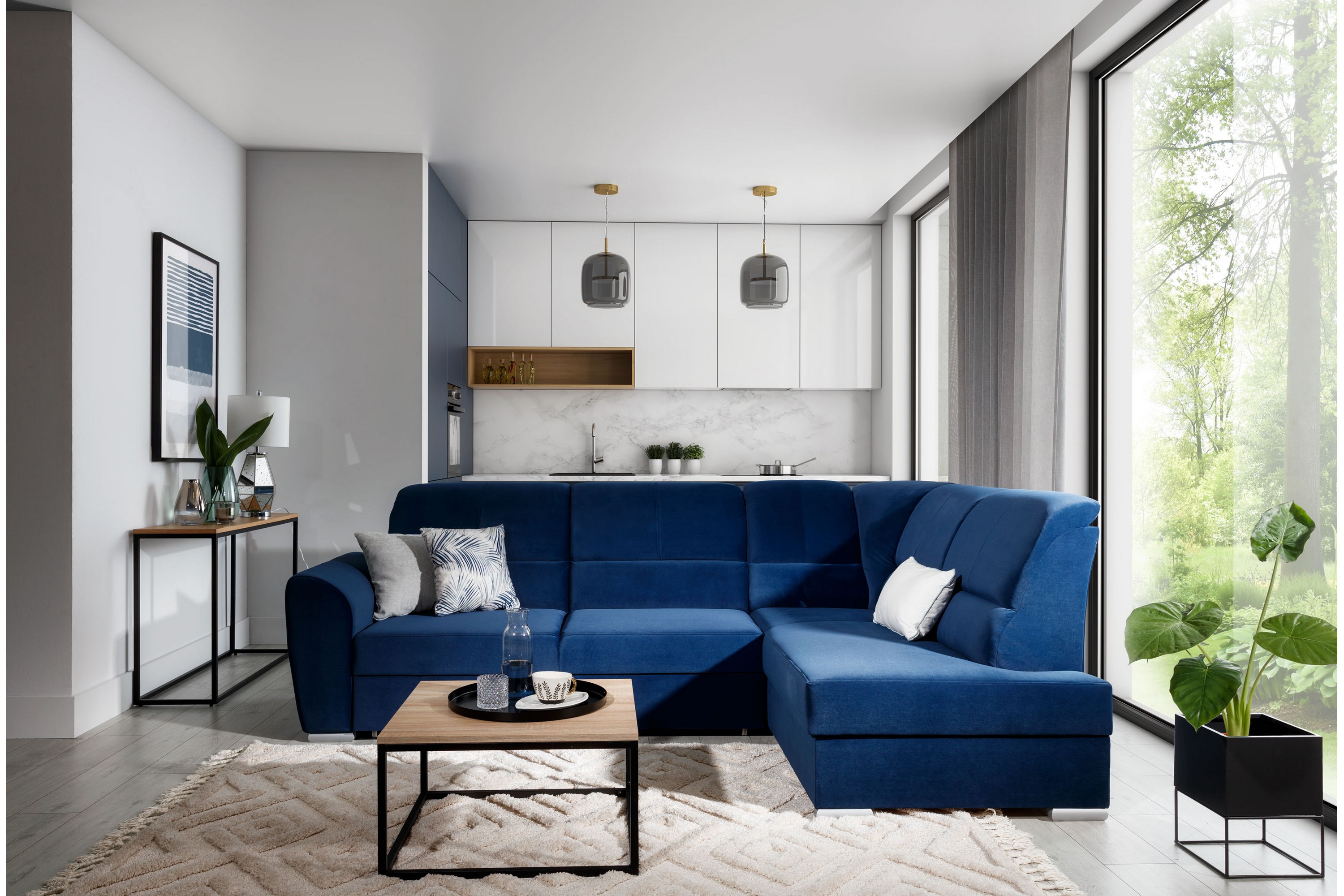 clarkville bäddsoffa m. schäslong 3-sits mörkblå -