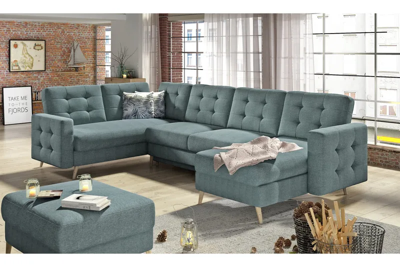 Deadra U-formad Längsbäddad Bäddsoffa 120x282 cm med Förvaring i Tyg - Grön - Möbler - Vardagsrum - Bäddsoffor - Hörnbäddsoffa