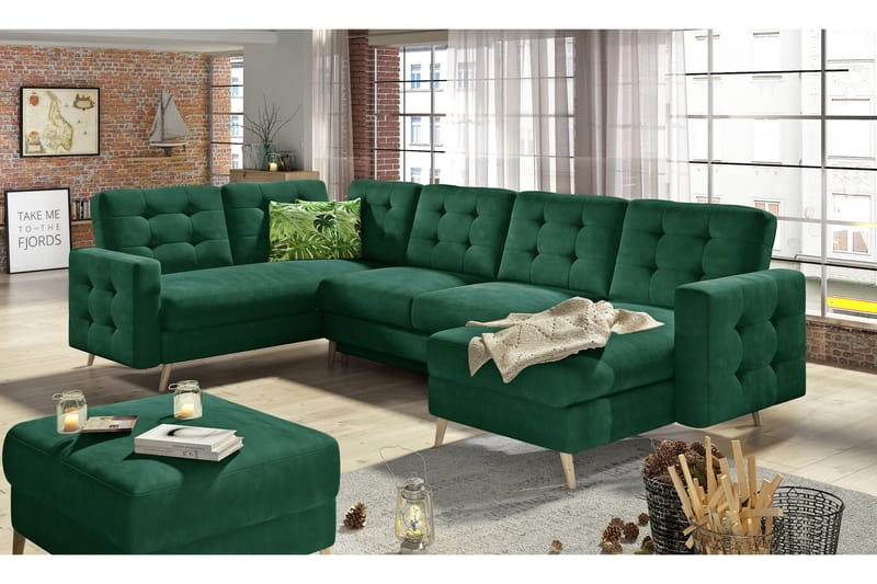 DEBRAH Bäddsoffa med Dubbeldivan Grön - Möbler - Vardagsrum - Bäddsoffor - U bäddsoffa