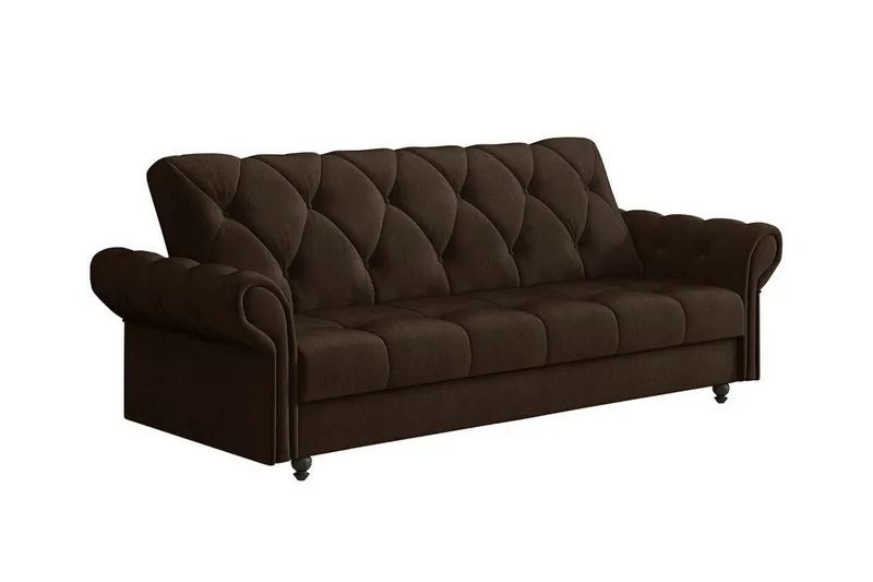 Denegal liten 3-sits Bäddsoffa Längsbäddad i Plysch, Mörkbrun