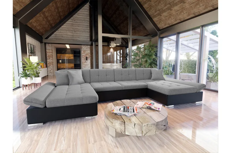 Dewitt Bäddsoffa Dubbelschäslong 4-sits i Konstläder - Svart/Grå - Möbler - Vardagsrum - Bäddsoffor - U bäddsoffa