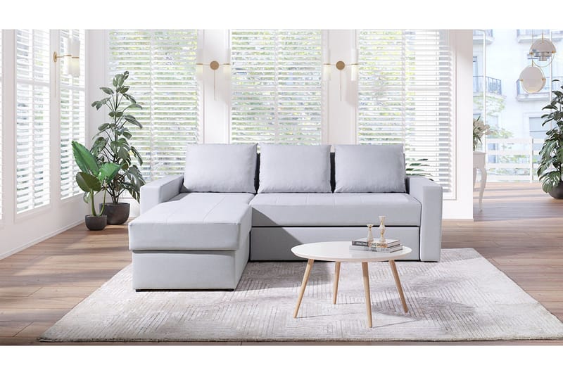 Domino 3-sits Hörnsoffa L-formad Bäddbar 140x200 cm med Förvaring i Tyg - Grå - Möbler - Vardagsrum - Bäddsoffor