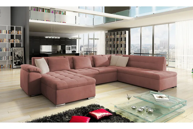 Dynir Bäddsoffa m. Divan och Schäslong 4-sits, Rosa