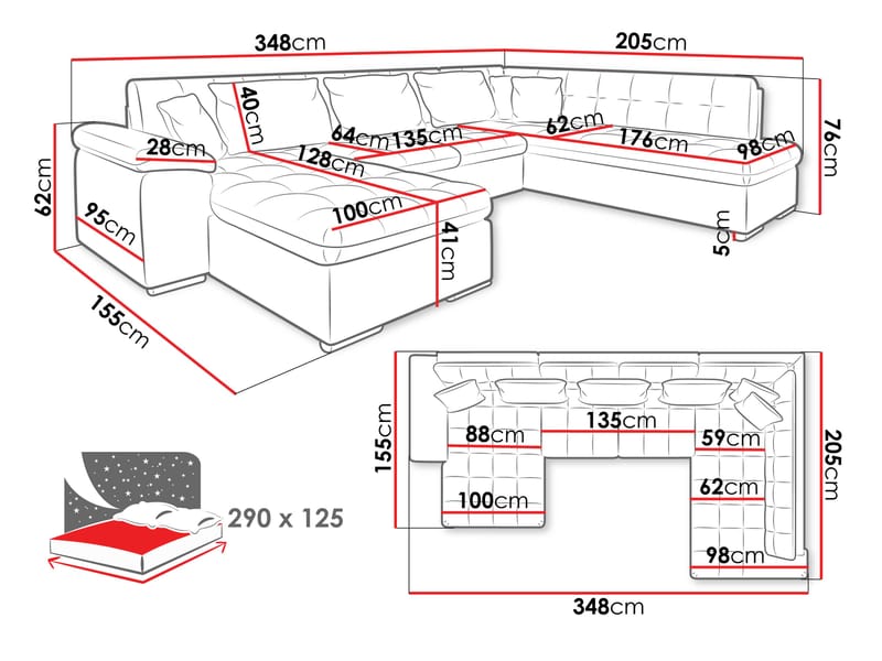 Dynir Bäddsoffa med Divan och Schäslong 5-sits - Rosa - Möbler - Vardagsrum - Bäddsoffor - U bäddsoffa