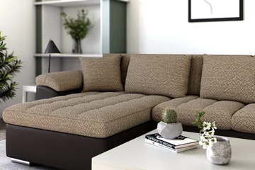 Dynir Stor Hörnbäddsoffa Divan med Förvaring Vänster 350 cm Bred - Beige / Brun - Möbler - Vardagsrum - Bäddsoffor - U bäddsoffa