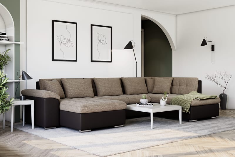 Dynir Stor Hörnbäddsoffa Divan med Förvaring Vänster 350 cm Bred - Beige / Brun - Möbler - Vardagsrum - Bäddsoffor - U bäddsoffa