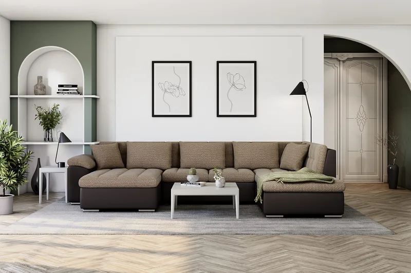 Dynir Stor Hörnbäddsoffa Divan med Förvaring Vänster 350 cm Bred - Beige / Brun - Möbler - Vardagsrum - Bäddsoffor - U bäddsoffa