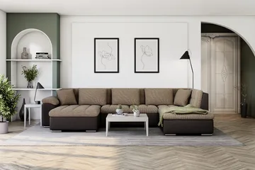 Dynir Stor Hörnbäddsoffa Divan med Förvaring Vänster 350 cm Bred - Beige / Brun - Möbler - Vardagsrum - Bäddsoffor - U bäddsoffa
