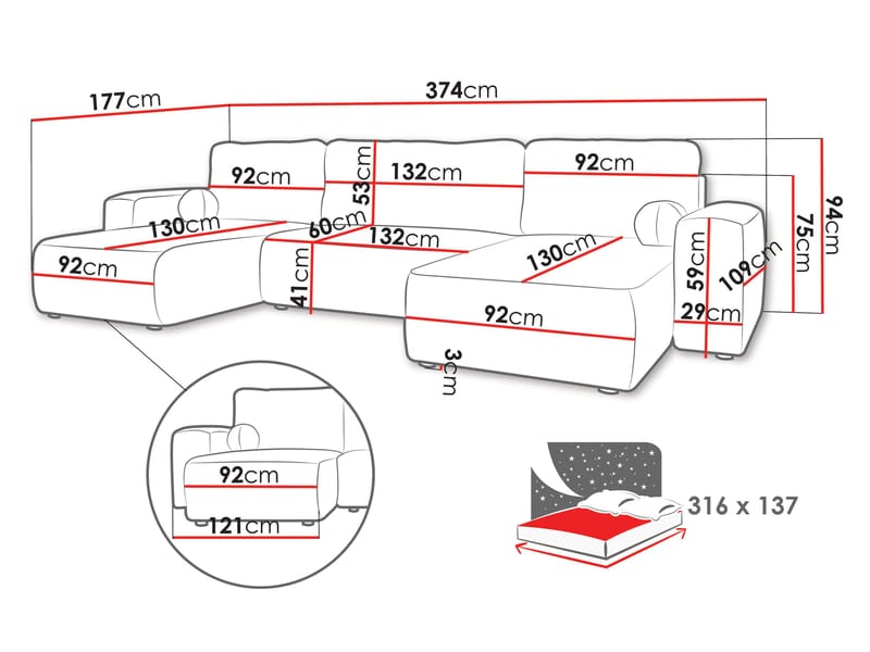 Elvior 5-sits U-formad bäddsoffa med dubbeldivan - vit - Möbler - Vardagsrum - Bäddsoffor - Hörnbäddsoffa