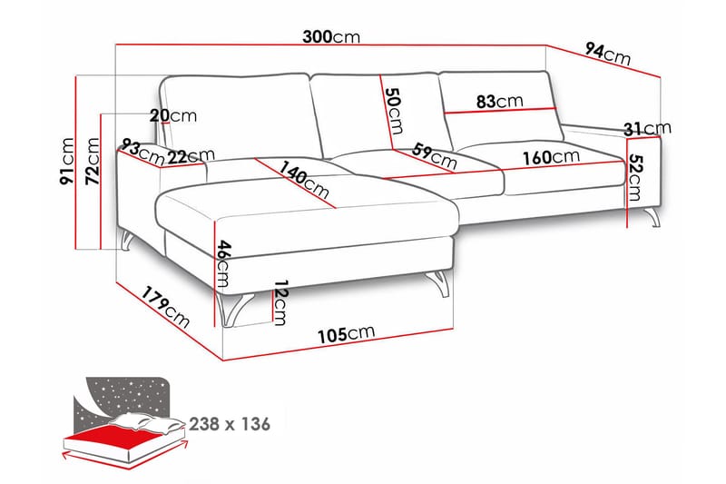Emet Bäddsoffa med Divan 3-sits - Vit - Möbler - Vardagsrum - Bäddsoffor