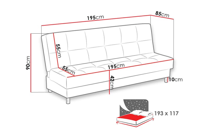 Enduro Bäddsoffa 195x85x90 cm - Röd - Bäddsoffor - 3-sits bäddsoffa