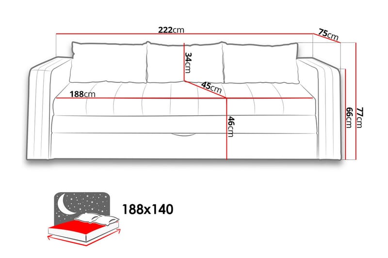 EUFORIA Soffa 222x75x71 cm - Rosa - Möbler - Vardagsrum - Bäddsoffor