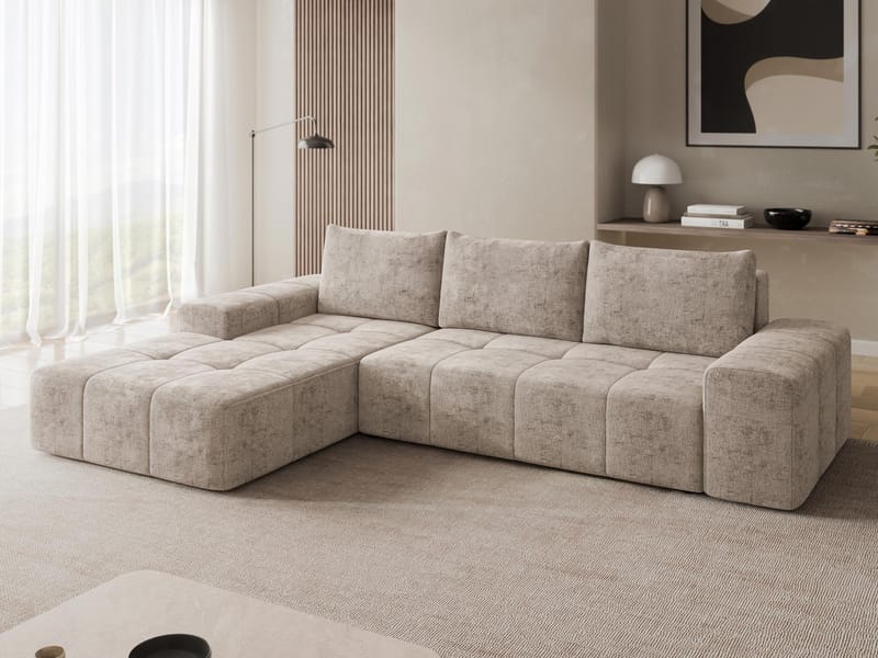 Falor 3-sits Bäddsoffa med Divan Vänster och Förvaring - Beige - Möbler - Vardagsrum - Bäddsoffor - Hörnbäddsoffa