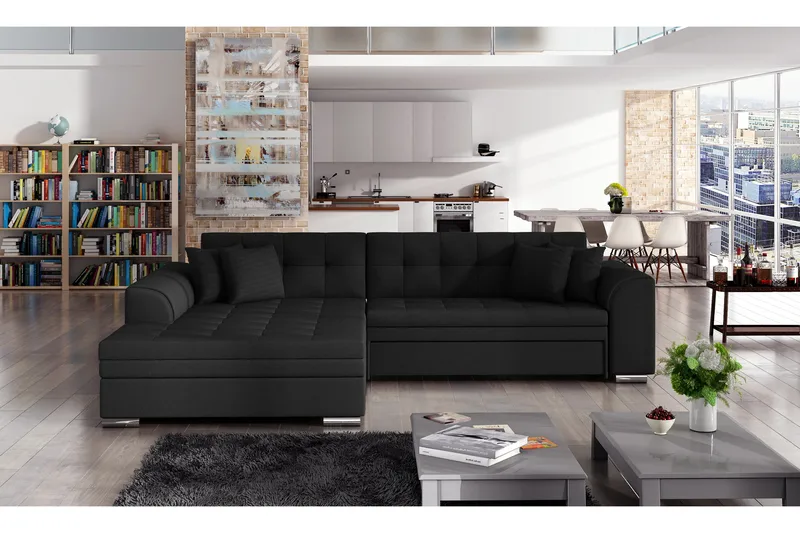 Falseti Vänstervänd L-Formad Bäddsoffa Längsbäddad 126 cm i Tyg, Svart