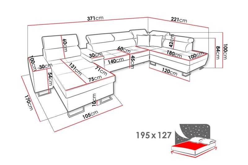 FIORANO 3-sits Bäddsoffa Vänster - Svart - U bäddsoffa - Bäddsoffor