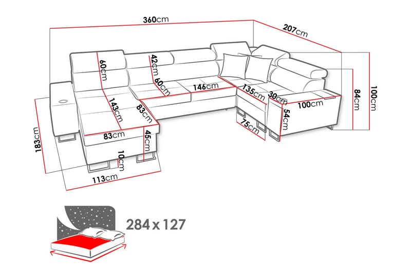 FIORANO 4-sits Hörnbäddsoffa Vänster Svart - Möbler - Vardagsrum - Bäddsoffor - Hörnbäddsoffa