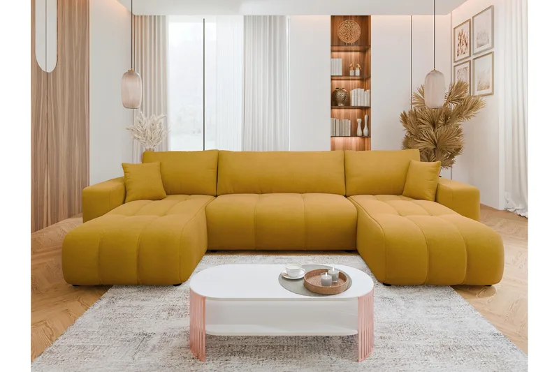 Flo Bäddsoffa Dubbeldivan 4-sits i Plysch - Beige - Möbler - Vardagsrum - Bäddsoffor - U bäddsoffa